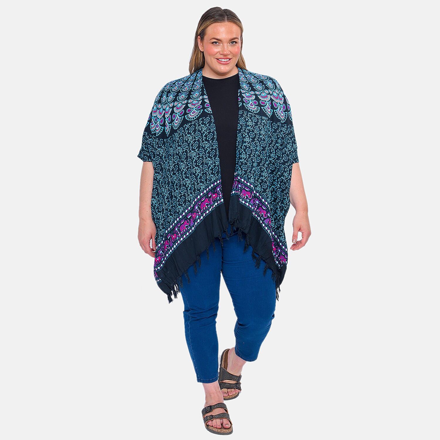 TAMSY 100% Viscose Mandala Printed Kimono - Turquoise & Black