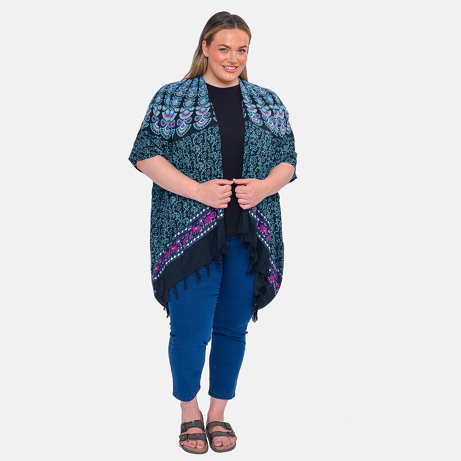 TAMSY 100% Viscose Mandala Printed Kimono - Turquoise & Black