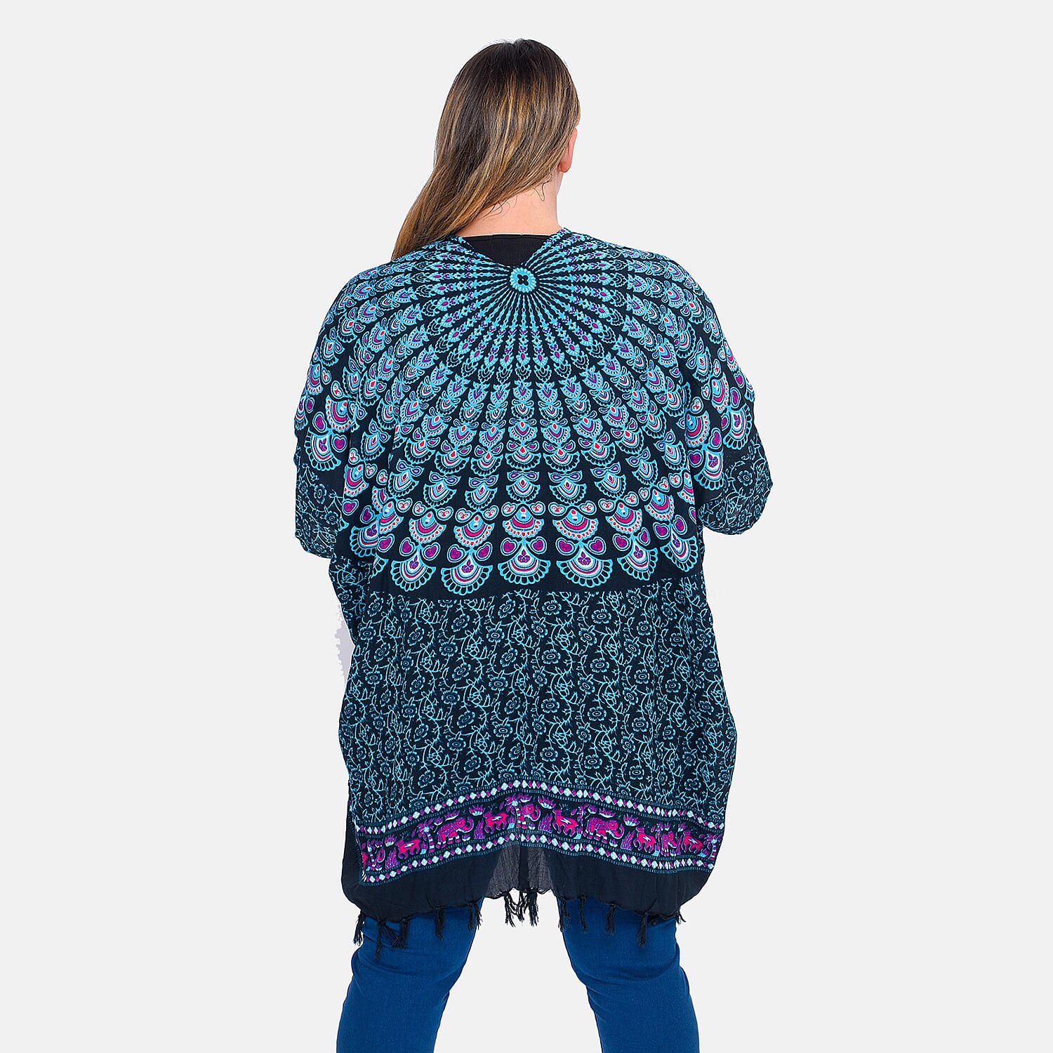 TAMSY 100% Viscose Mandala Printed Kimono - Turquoise & Black