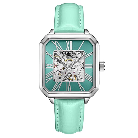 Gamages Of London Skeleton Oasis Ladies Automatic Movement Blue Dial Water Resistant Watch with Blue Leather Strap
