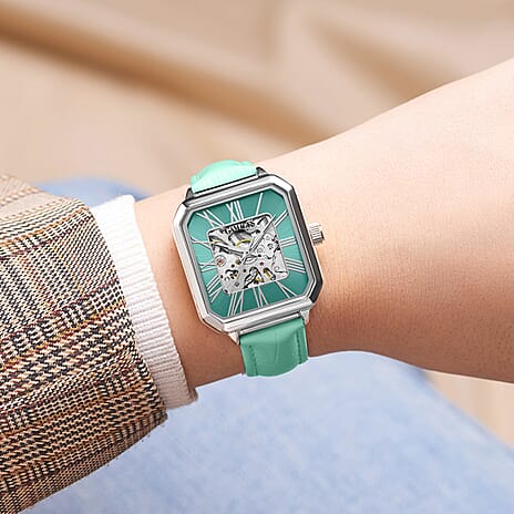 Gamages Of London Skeleton Oasis Ladies Automatic Movement Blue Dial Water Resistant Watch with Blue Leather Strap