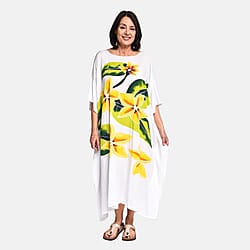 Bali Collection - Viscose Handpainted Floral Pattern Kaftan Dress - White