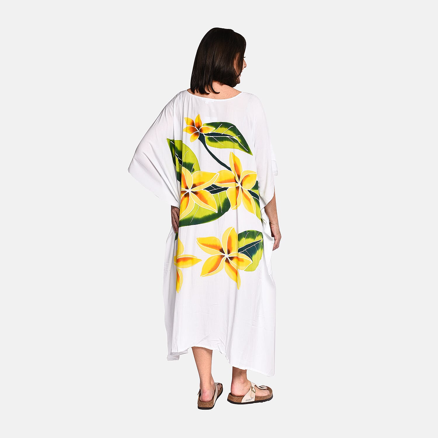 100% Viscose Floral Pattern Kaftan Dress (One Size) - White