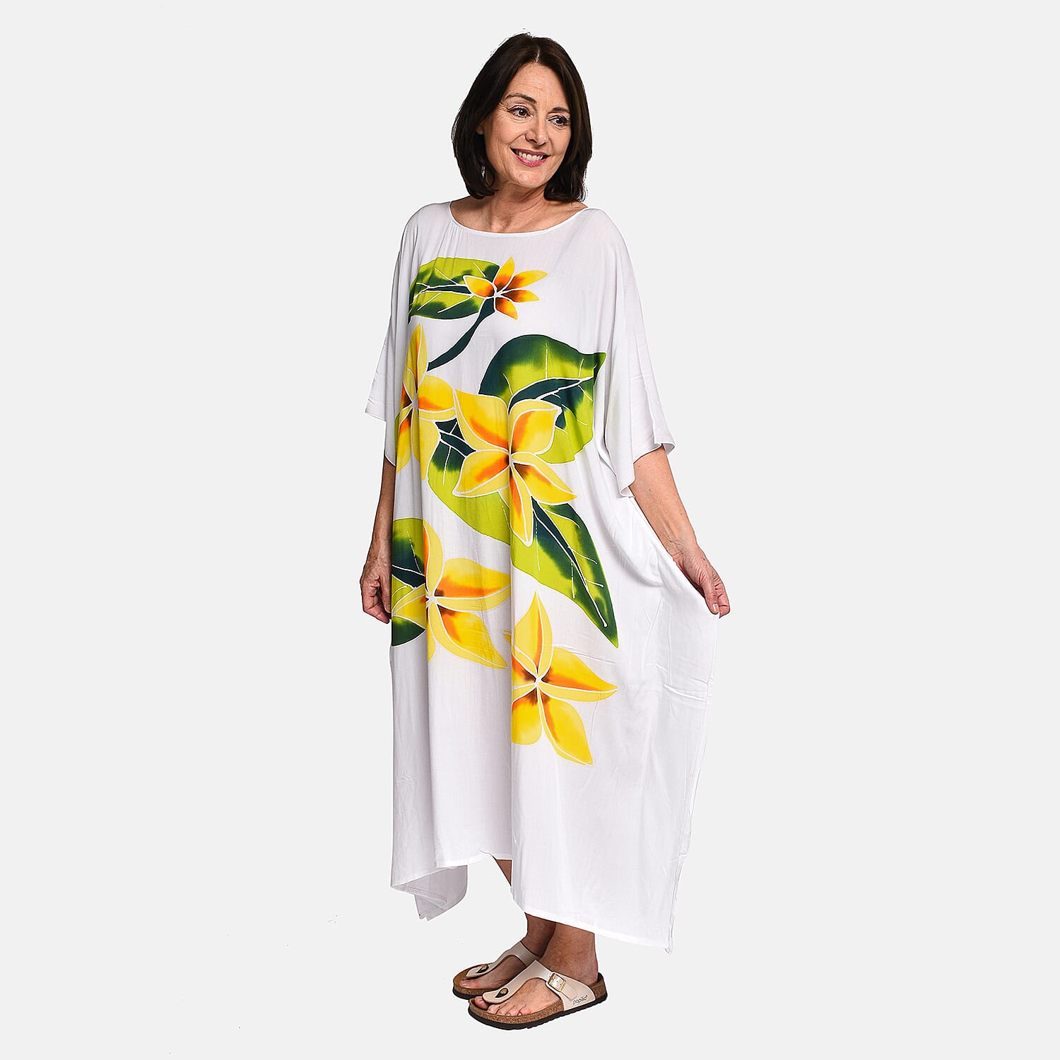 100% Viscose Floral Pattern Kaftan Dress (One Size) - White