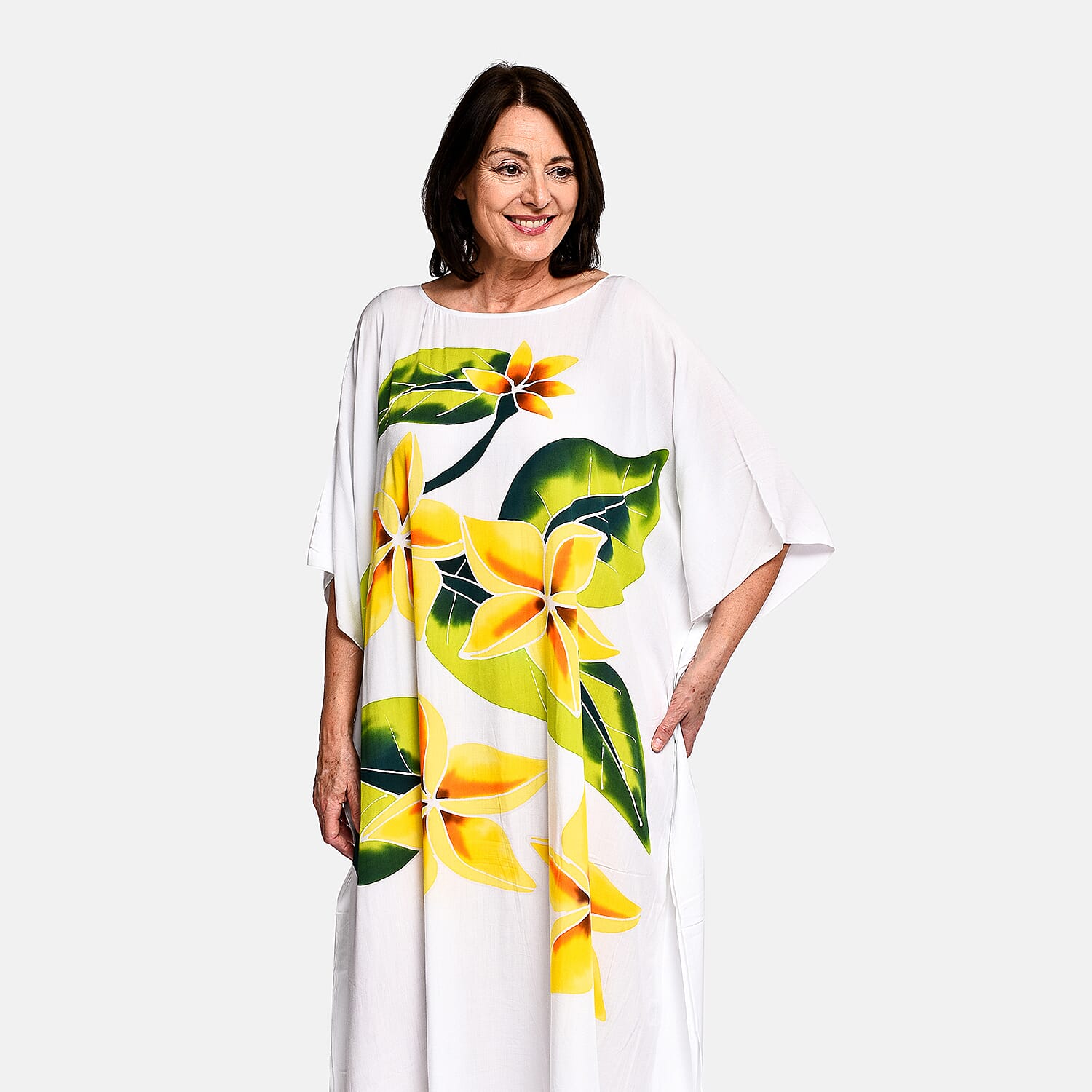 100% Viscose Floral Pattern Kaftan Dress (One Size) - White