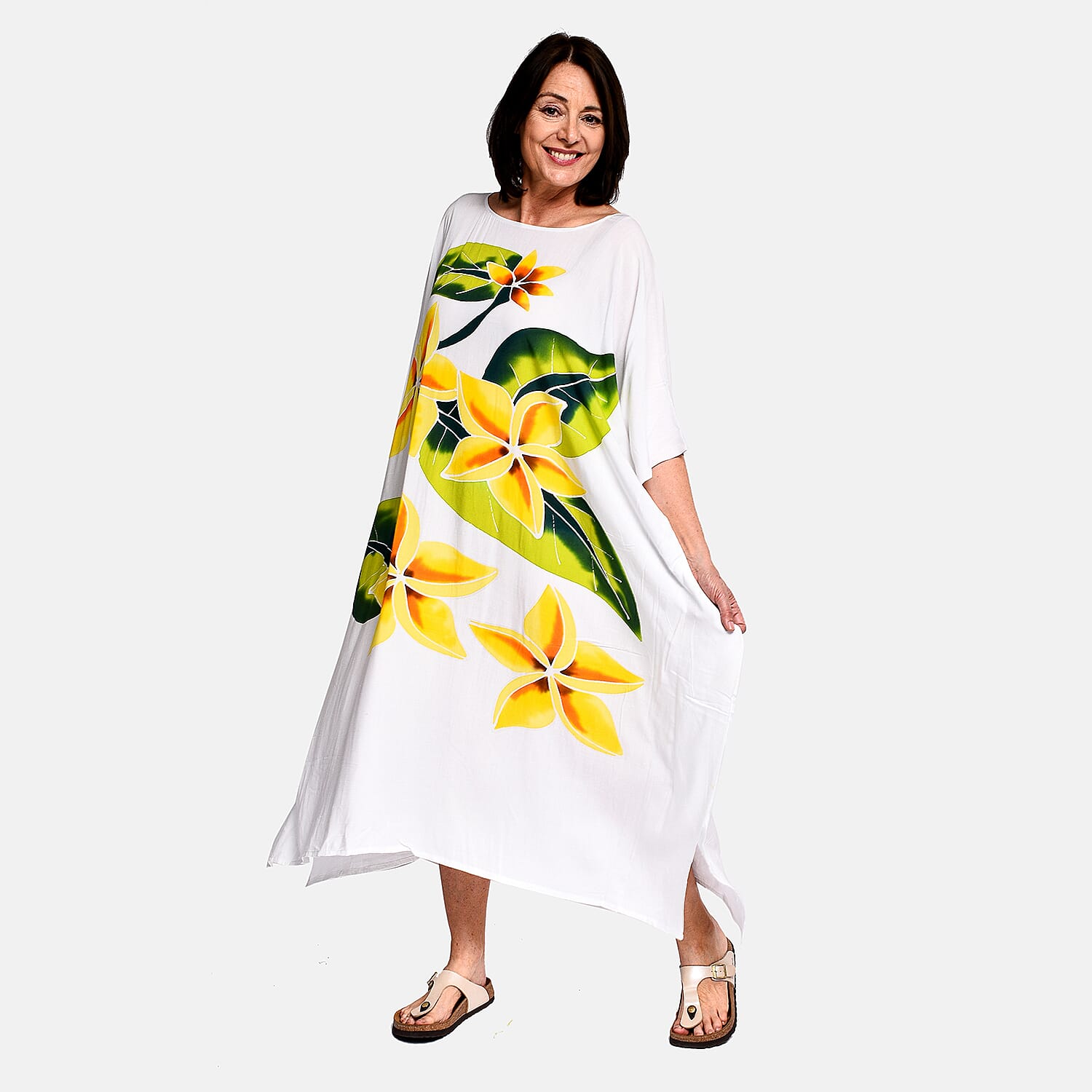100% Viscose Floral Pattern Kaftan Dress (One Size) - White