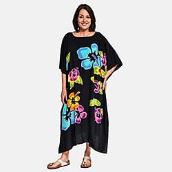 Bali Collection - Viscose Handpainted Floral Pattern Kaftan Dress - White