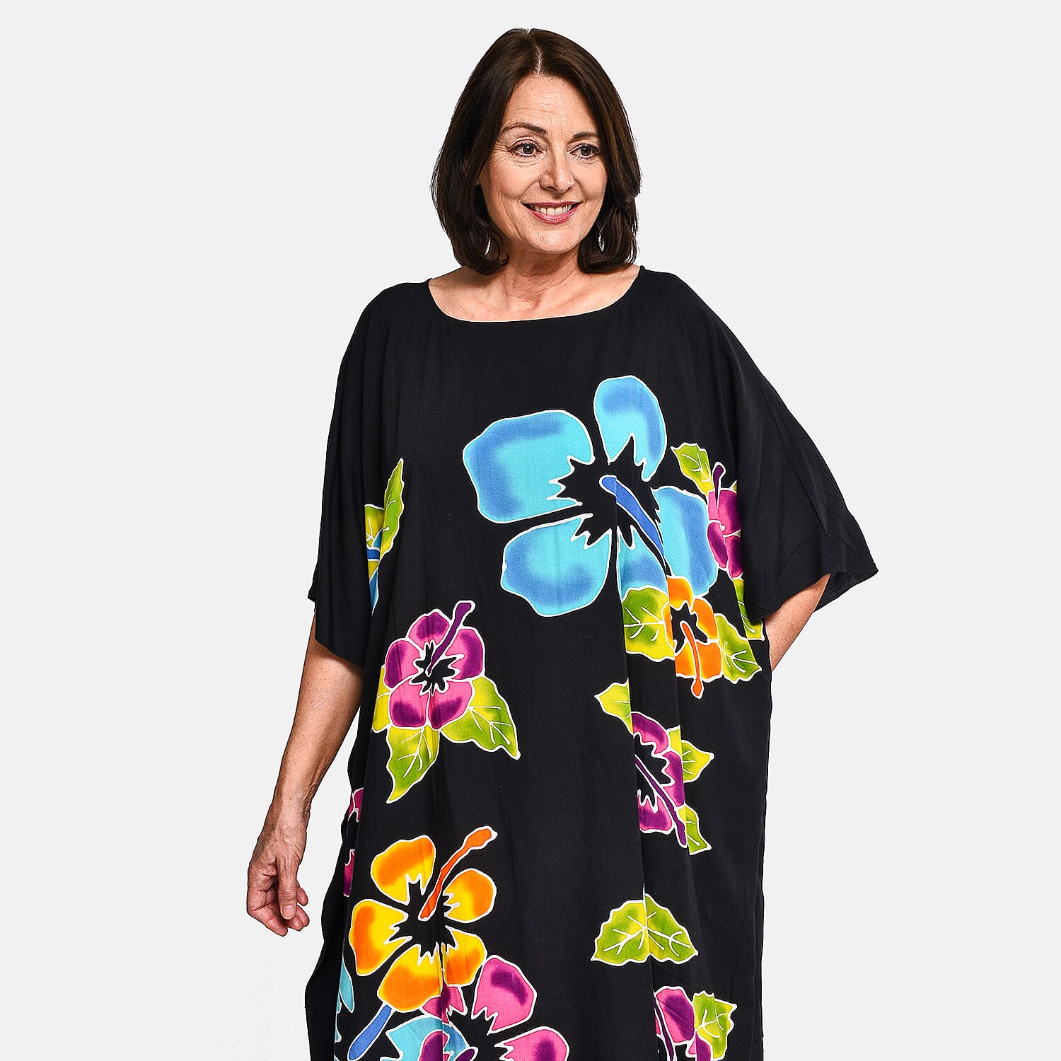 100% Viscose Handpainted Floral Pattern Kaftan Dress (One Size) - Black & Multi