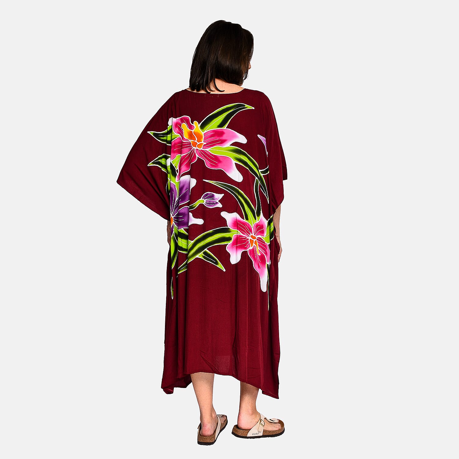 100% Viscose Handpainted Floral Pattern Kaftan Dress (One Size) - Burgundy & Multi