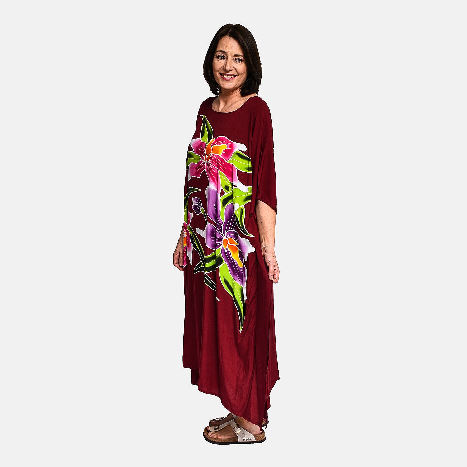 100% Viscose Handpainted Floral Pattern Kaftan Dress (One Size) - Burgundy & Multi