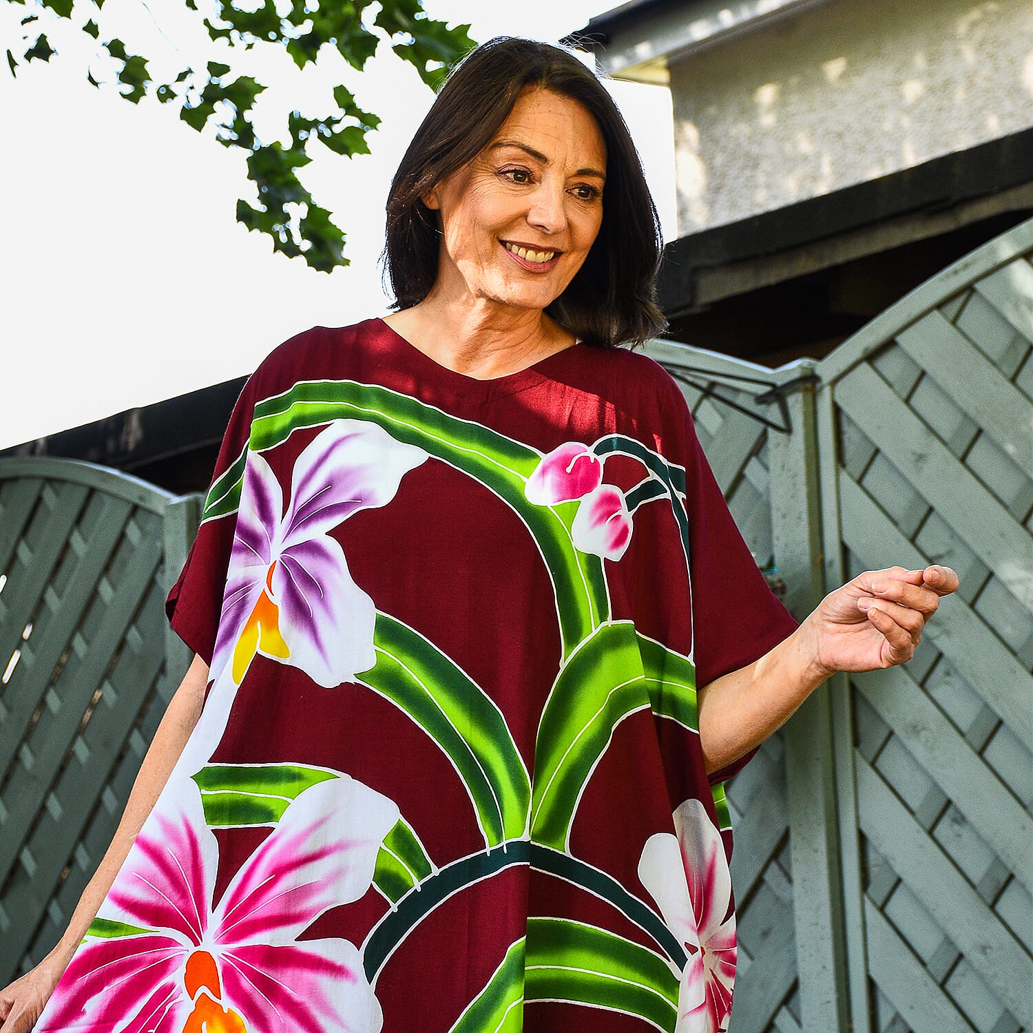 100% Viscose Handpainted Floral Pattern Kaftan Dress (One Size) - Burgundy & Multi