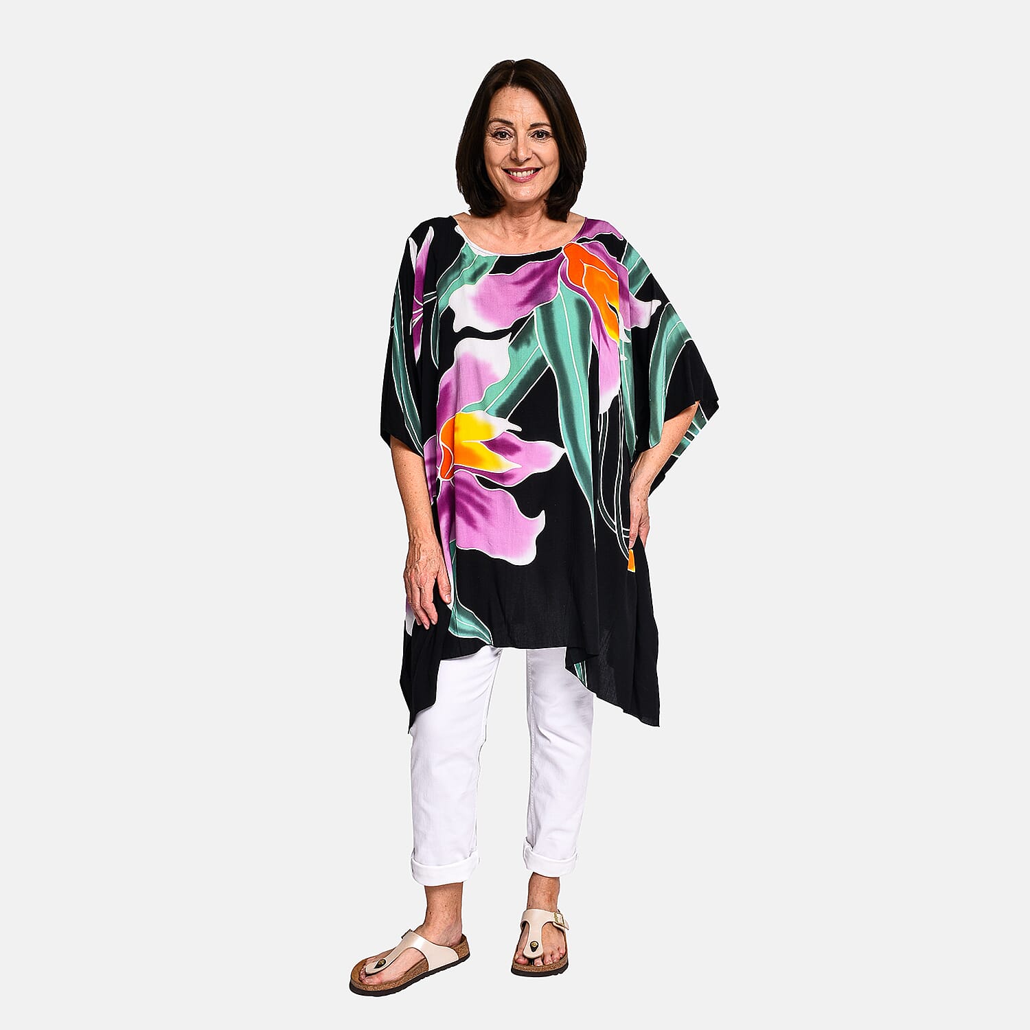 Bali Collection - 100% Viscose Handpainted Floral Pattern Short Kaftan (One Size) - Black