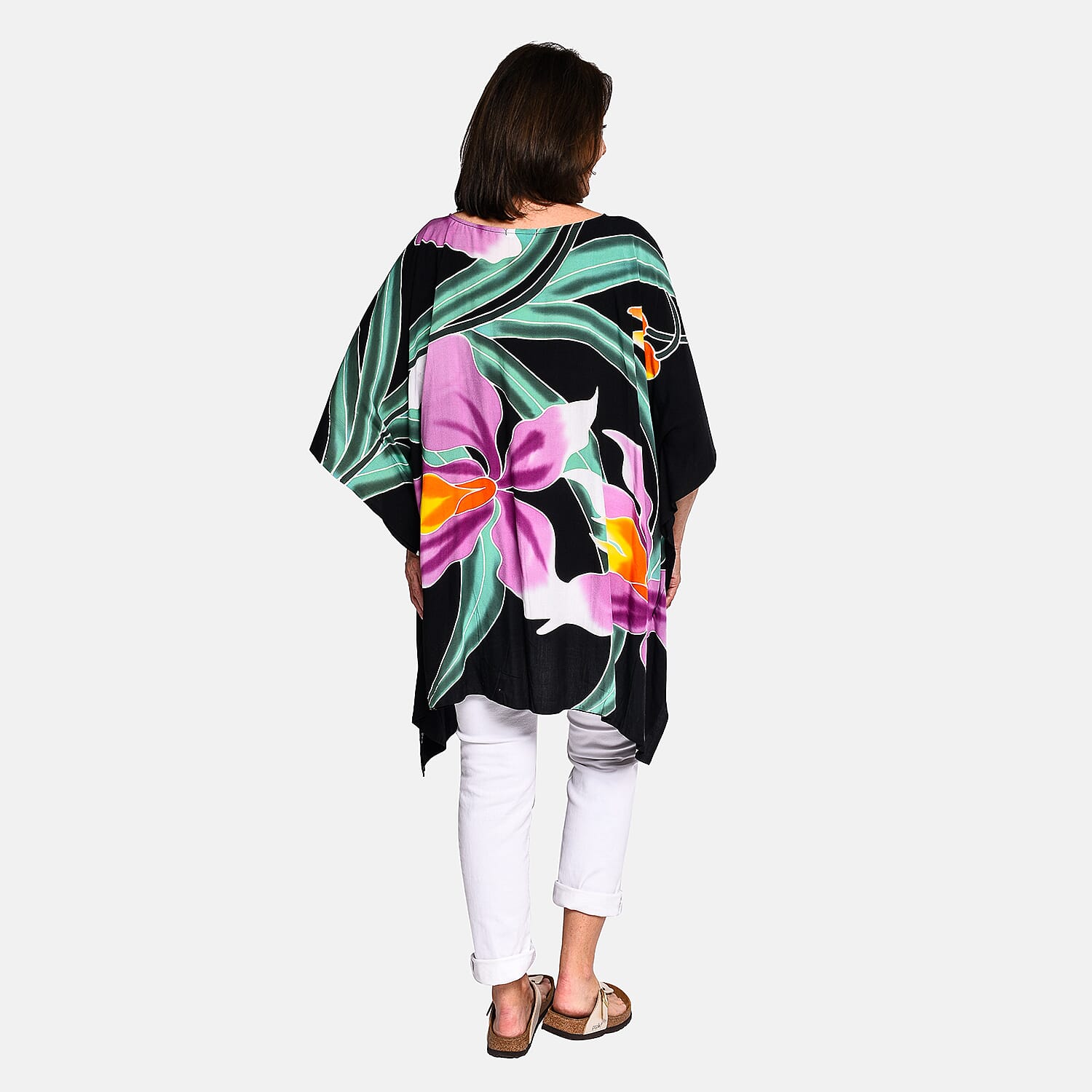 Bali Collection - 100% Viscose Handpainted Floral Pattern Short Kaftan (One Size) - Black