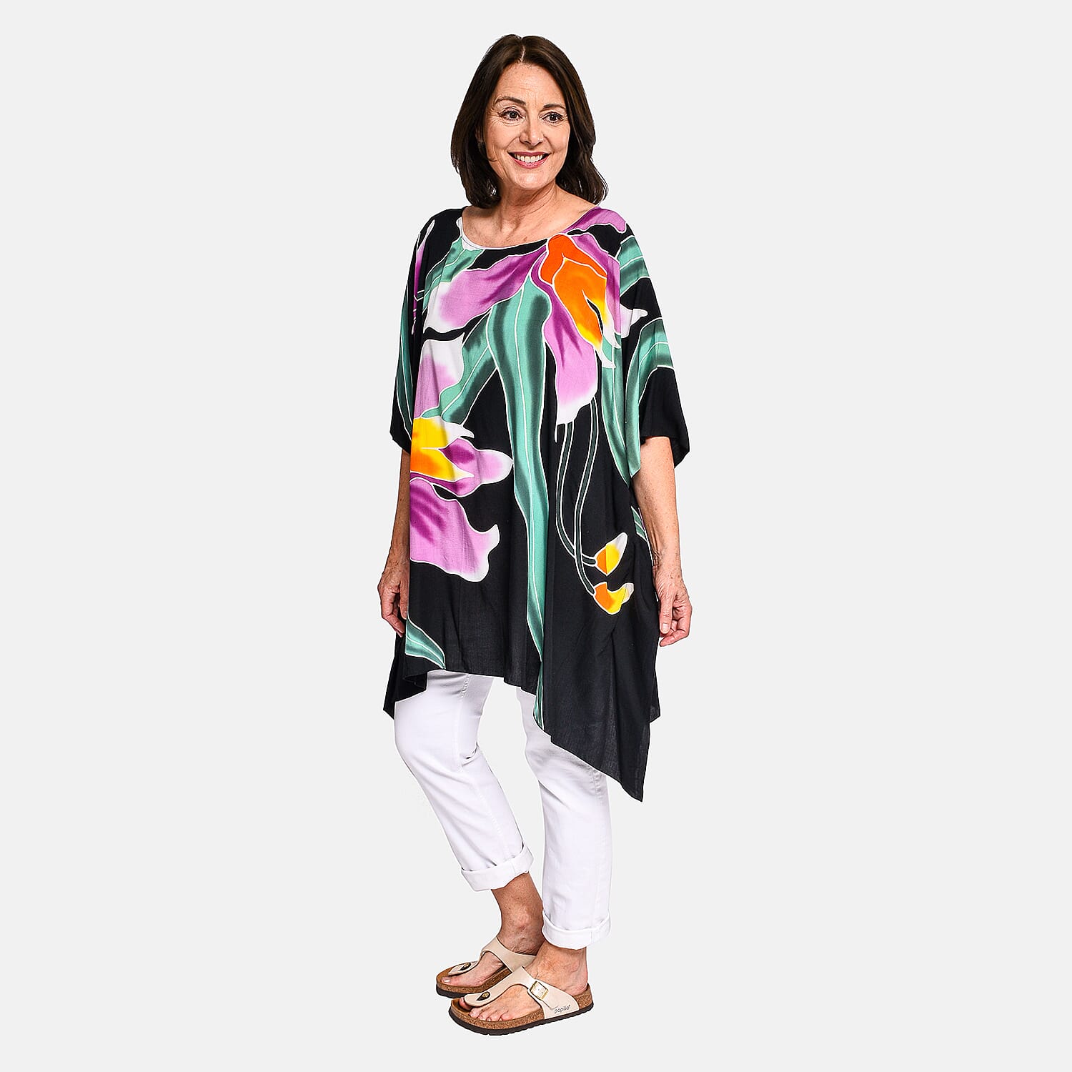 Bali Collection - 100% Viscose Handpainted Floral Pattern Short Kaftan (One Size) - Black