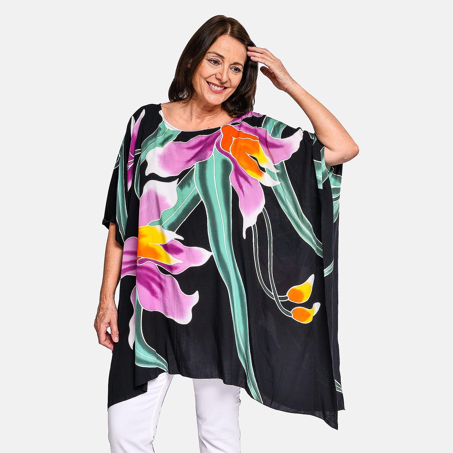 Bali Collection - 100% Viscose Handpainted Floral Pattern Short Kaftan (One Size) - Black