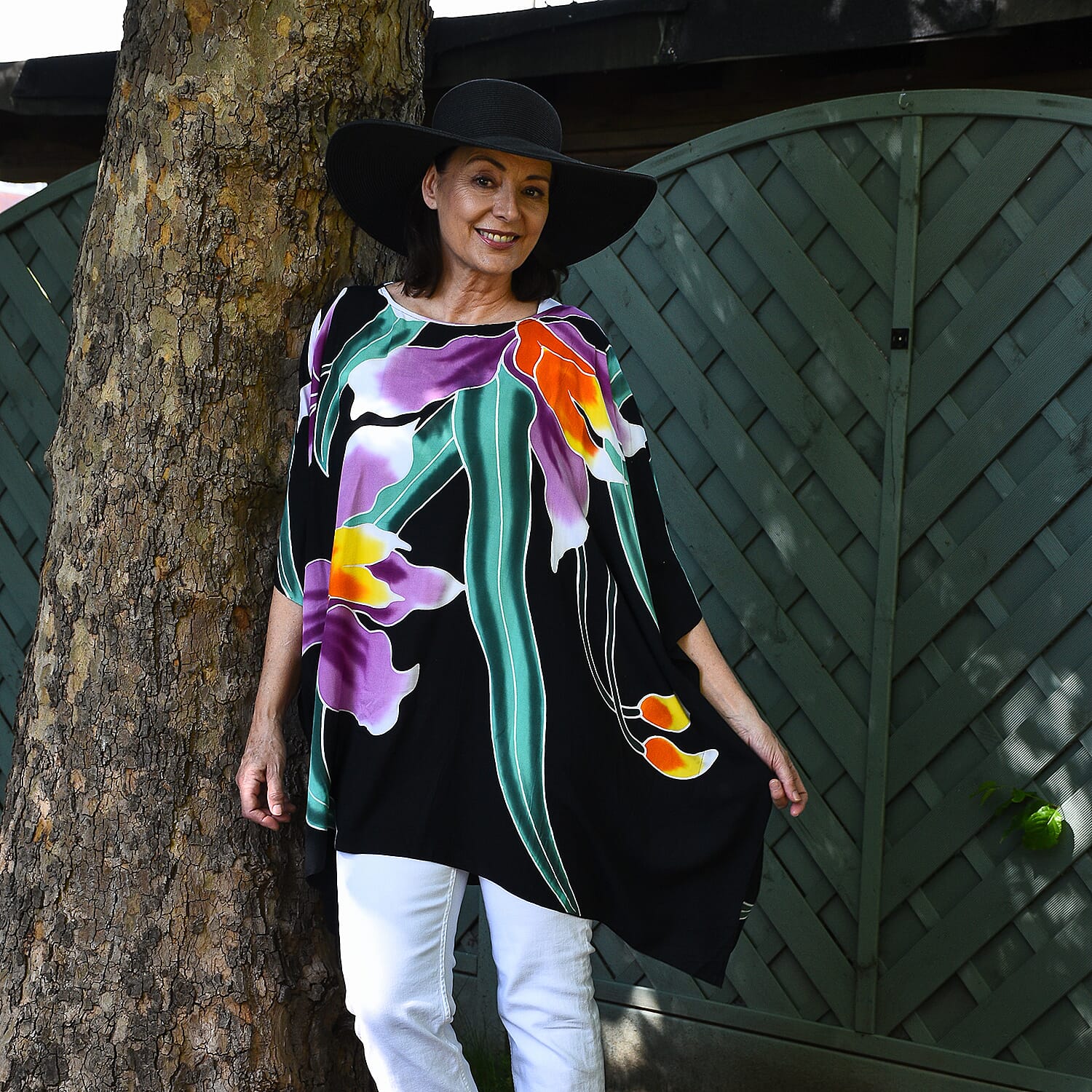 Bali Collection - 100% Viscose Handpainted Floral Pattern Short Kaftan (One Size) - Black