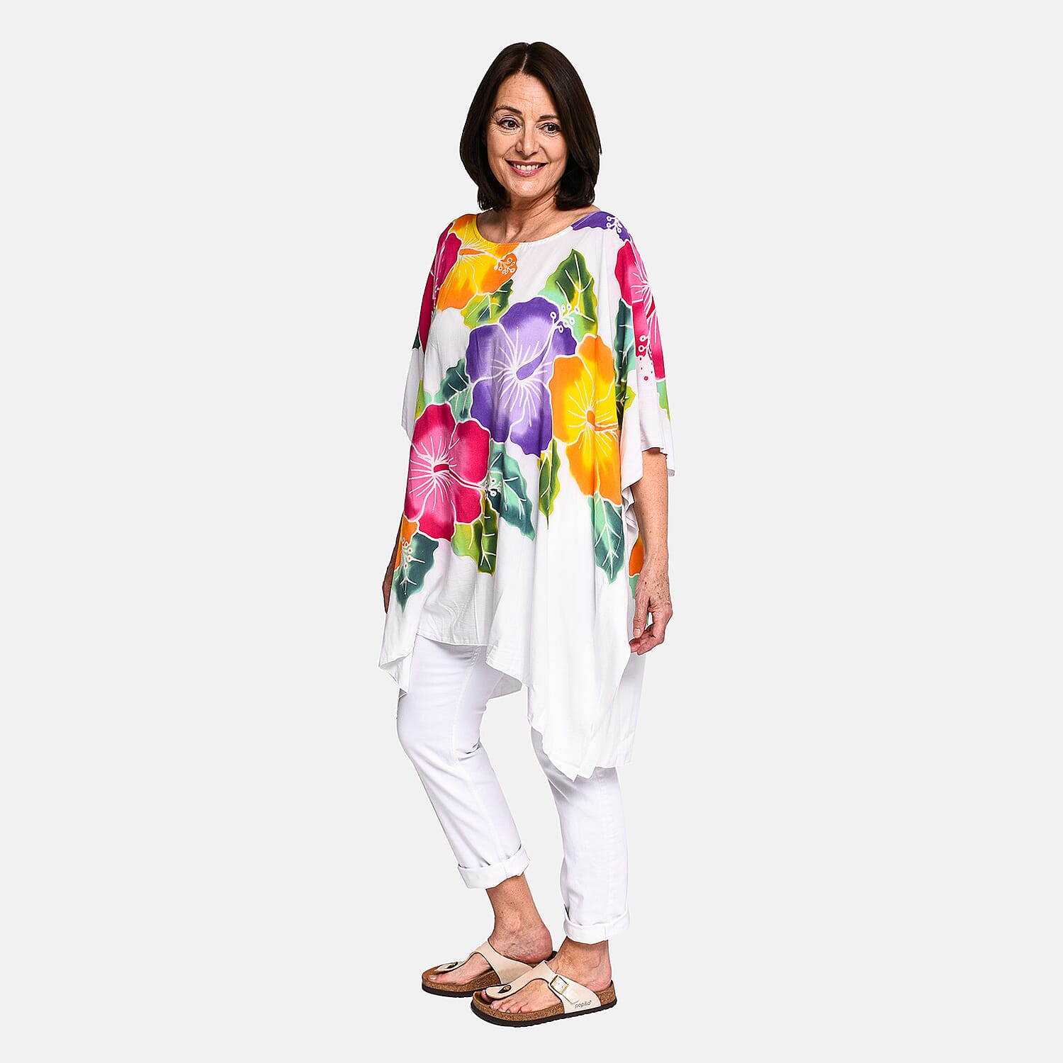 100% Viscose Handpainted Floral Pattern Short Kaftan (One Size) - White & Multi