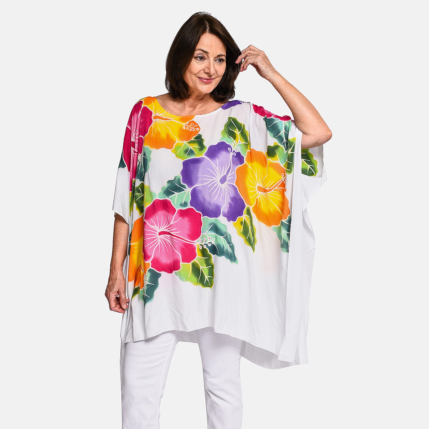 100% Viscose Handpainted Floral Pattern Short Kaftan (One Size) - White & Multi