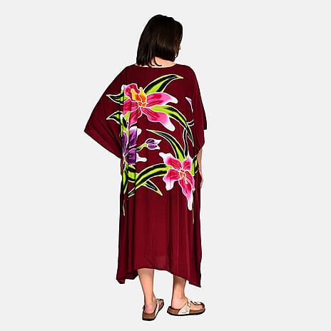 Bali Collection - 100% Viscose Handpainted Floral Pattern Short Kaftan (One Size) - Burgundy