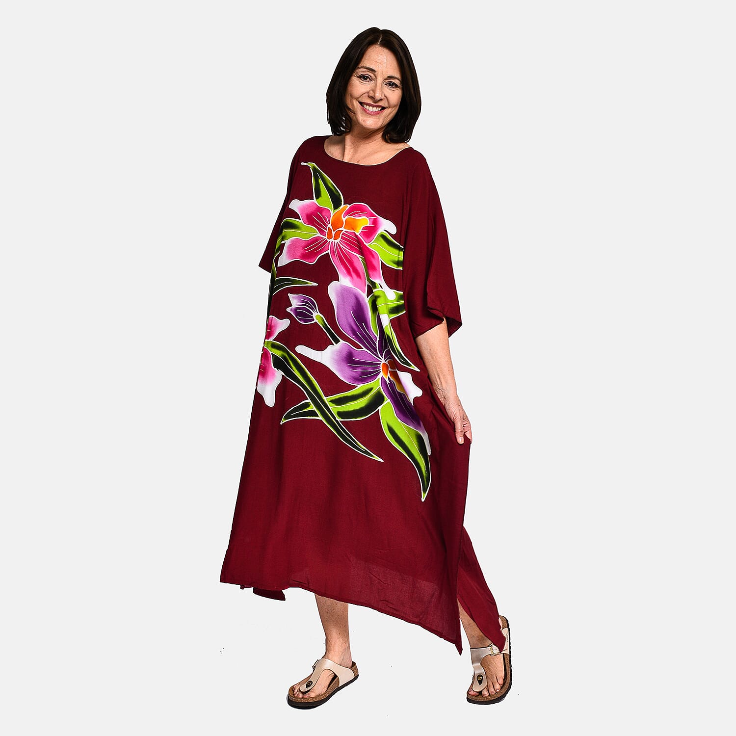 Bali Collection - 100% Viscose Handpainted Floral Pattern Short Kaftan (One Size) - Burgundy