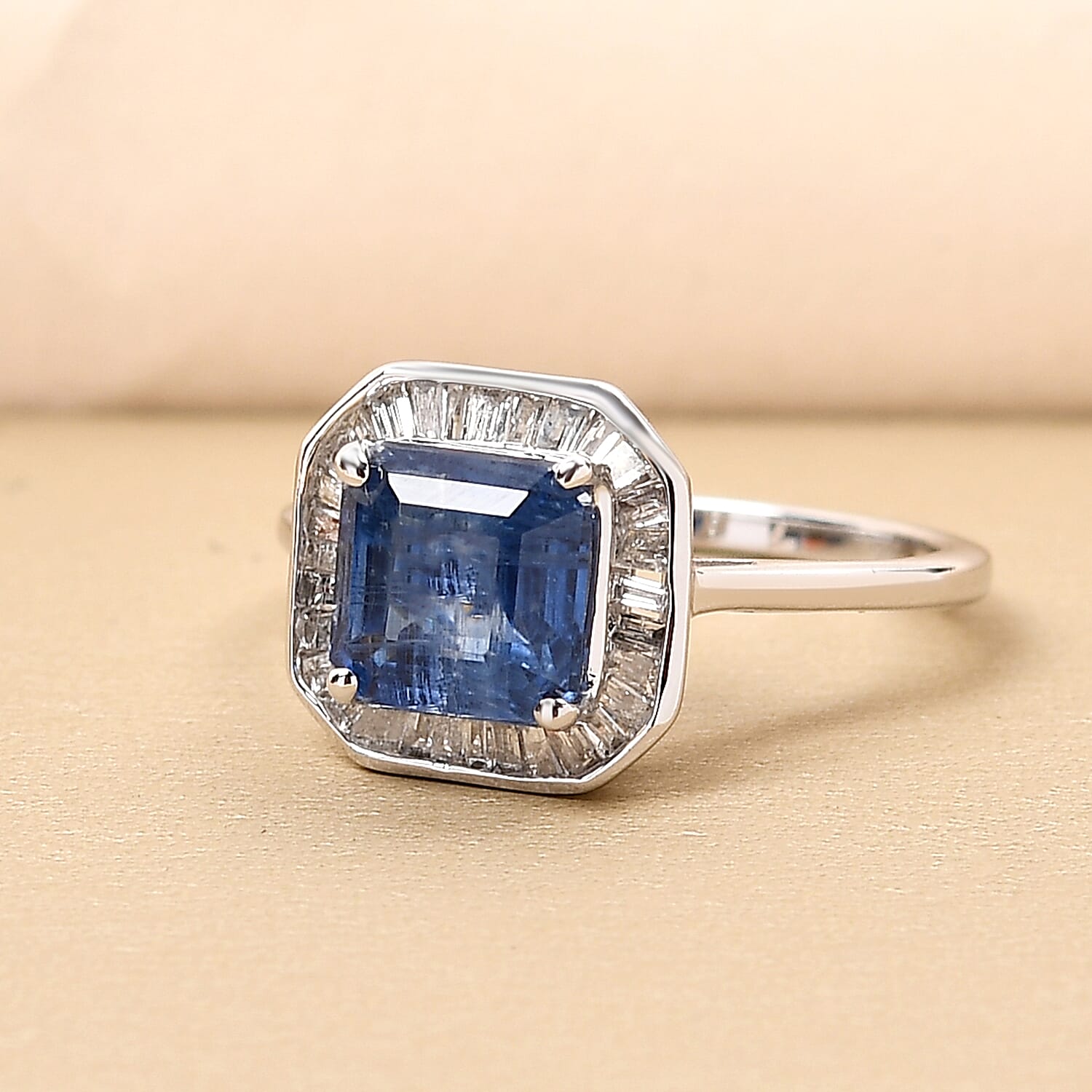 9K White Gold Kyanite (Asscher Cut) and Diamond Ring 2.09 Ct.