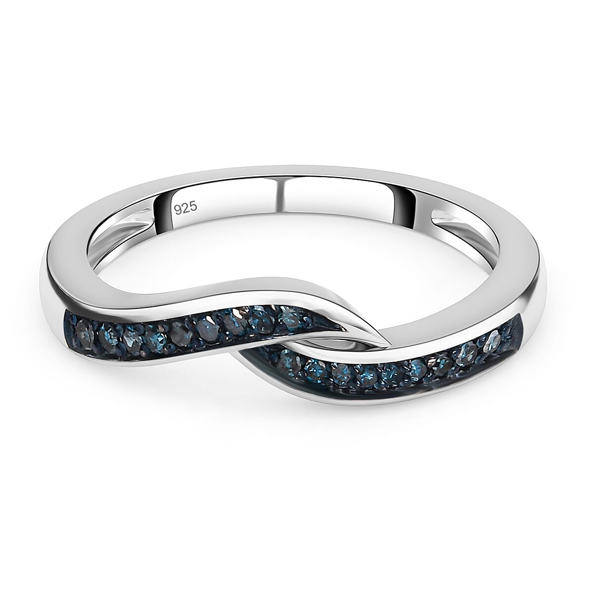 Blue Diamond Wave Band Ring in Platinum Overlay Sterling Silver