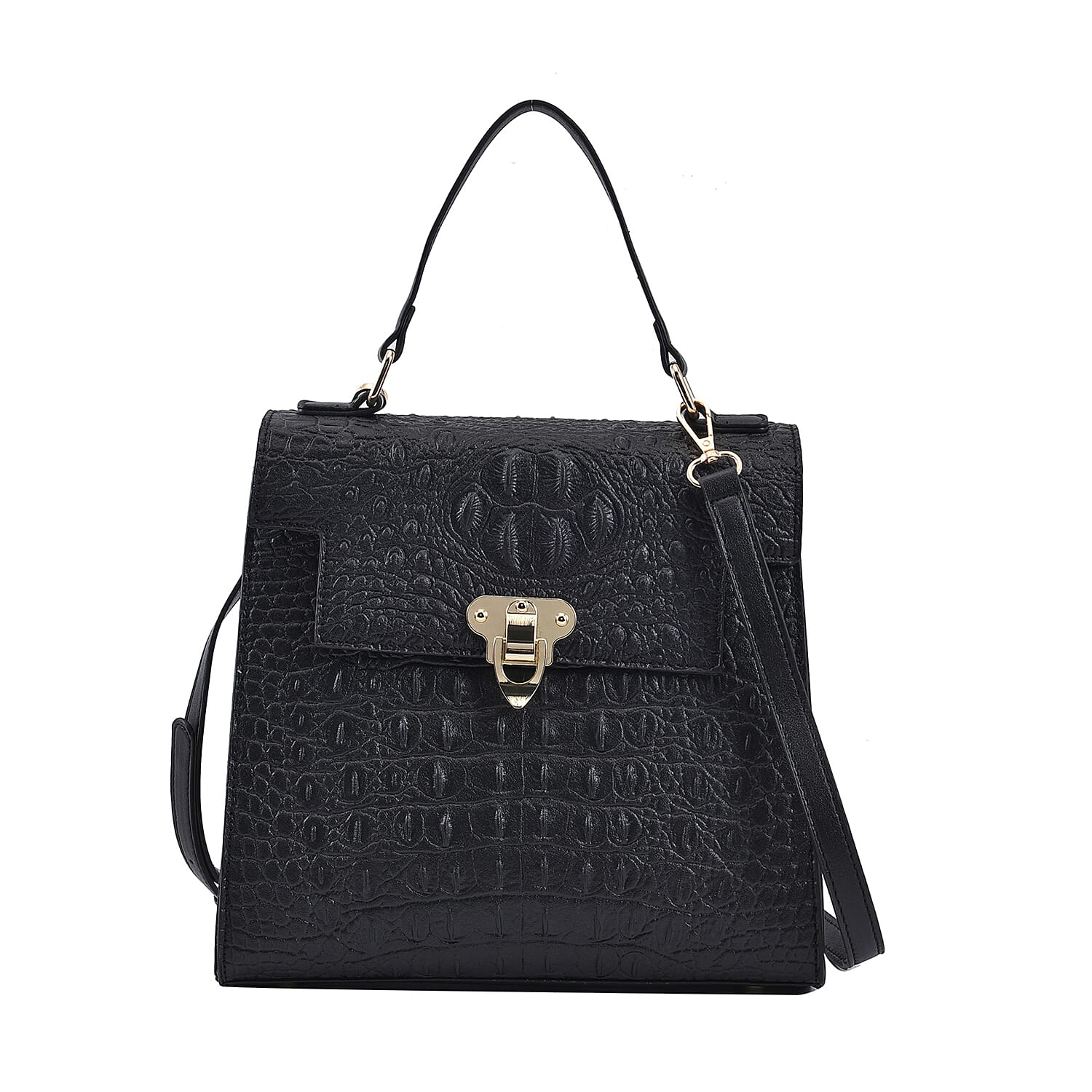Croc Embossed Crossbody Bag with Adjustable Shoulder Strap - Black