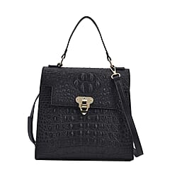 Croc Embossed Crossbody Bag with Adjustable Shoulder Strap - Black