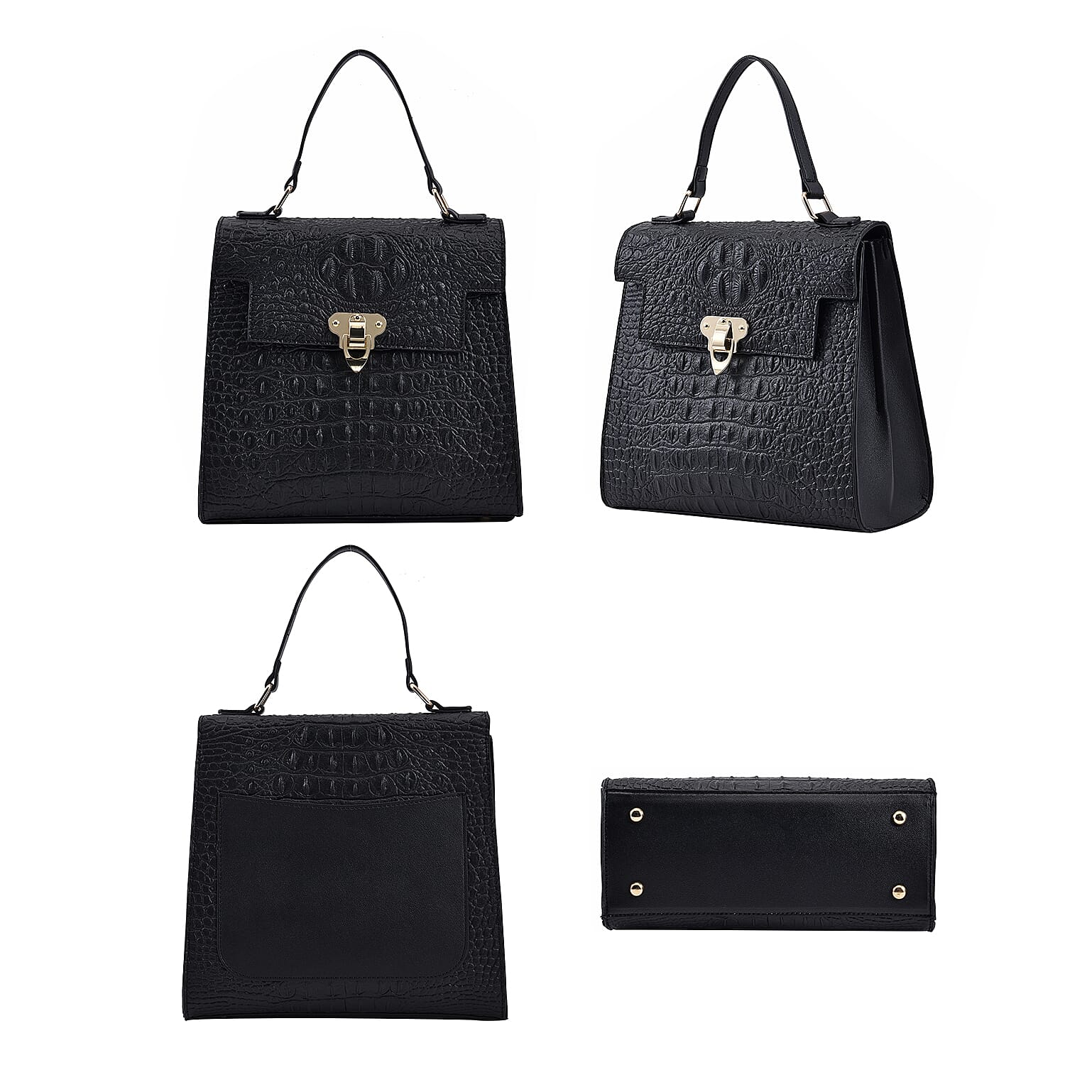 Croc Embossed Crossbody Bag with Adjustable Shoulder Strap - Black