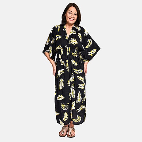 TAMSY 100% Viscose Leaf Pattern Maxi Dress (One Size 8-18) - Black