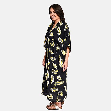 TAMSY 100% Viscose Leaf Pattern Maxi Dress (One Size 8-18) - Black