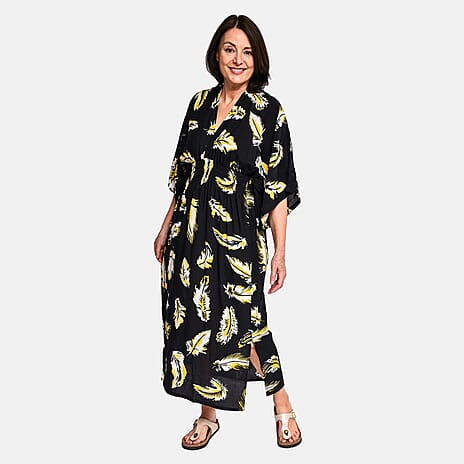 TAMSY 100% Viscose Leaf Pattern Maxi Dress (One Size 8-18) - Black