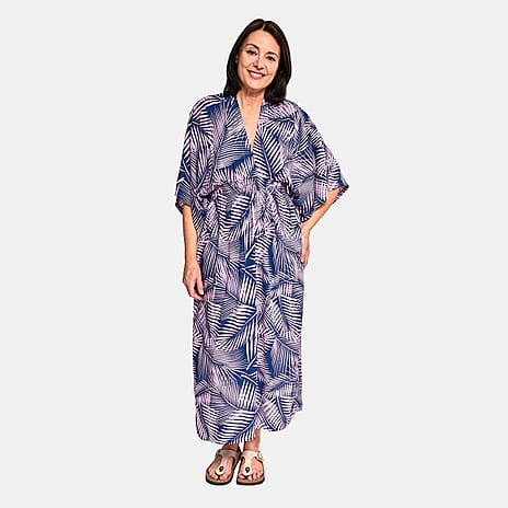 Tamsy - 100% Viscose Leaf Pattern Maxi Dress (One Size 8-18) - Navy Blue - Pink