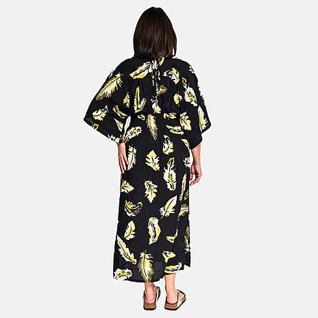 TAMSY - 100% Viscose Leaf Pattern Maxi Dress (Curve Size 20-26) - Black