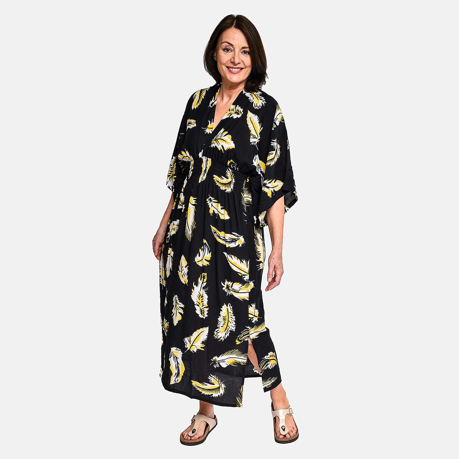 Tamsy - 100% Viscose Leaf Pattern Maxi Dress (Curve Size 20-26) - Black