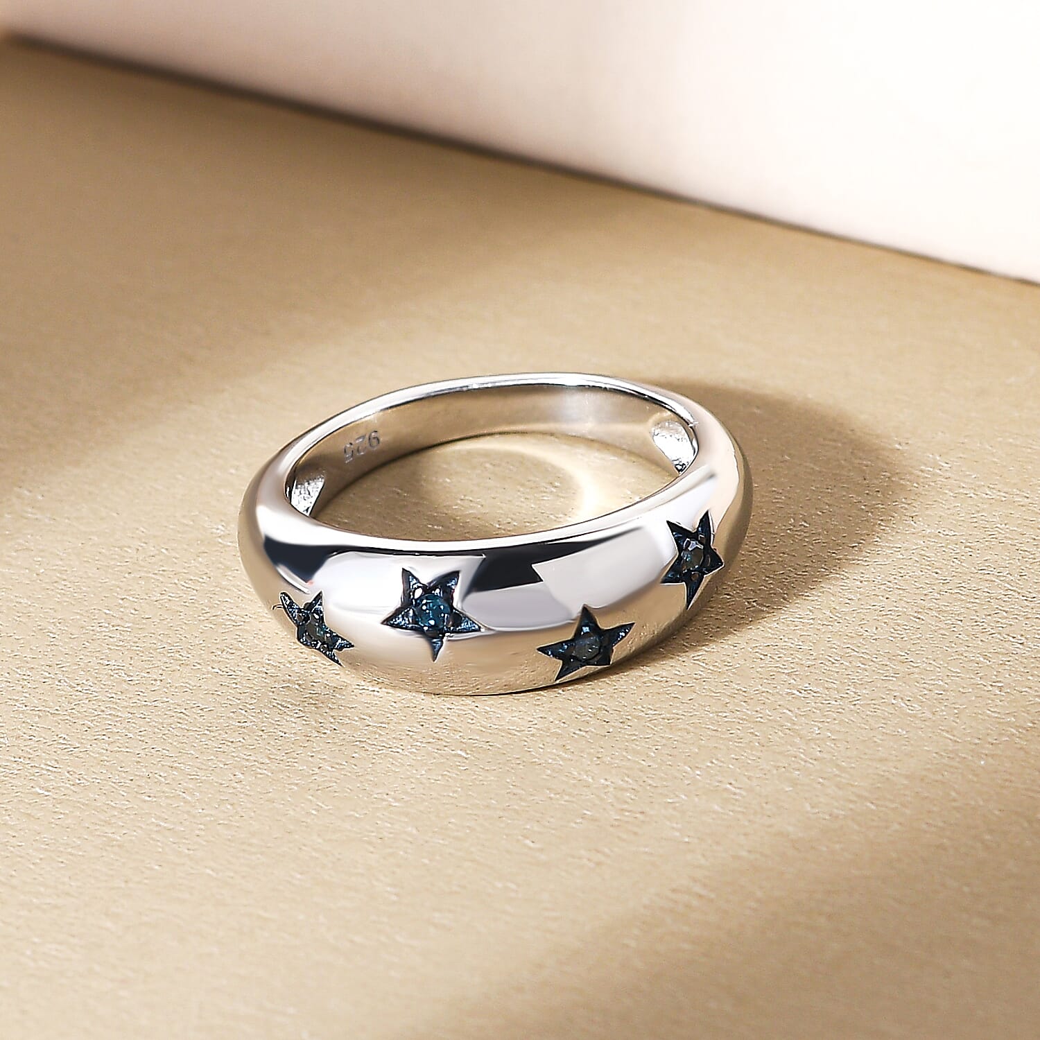 Blue Diamond Star Dome Ring in Platinum Overlay Sterling Silver