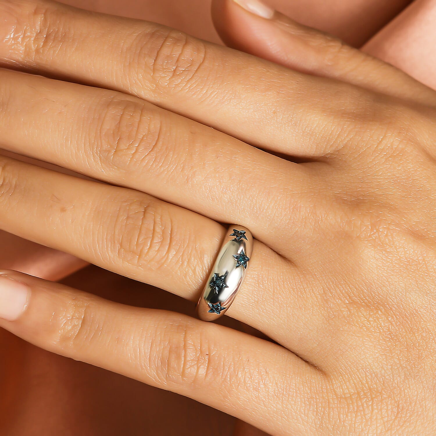 Blue Diamond Star Dome Ring in Platinum Overlay Sterling Silver