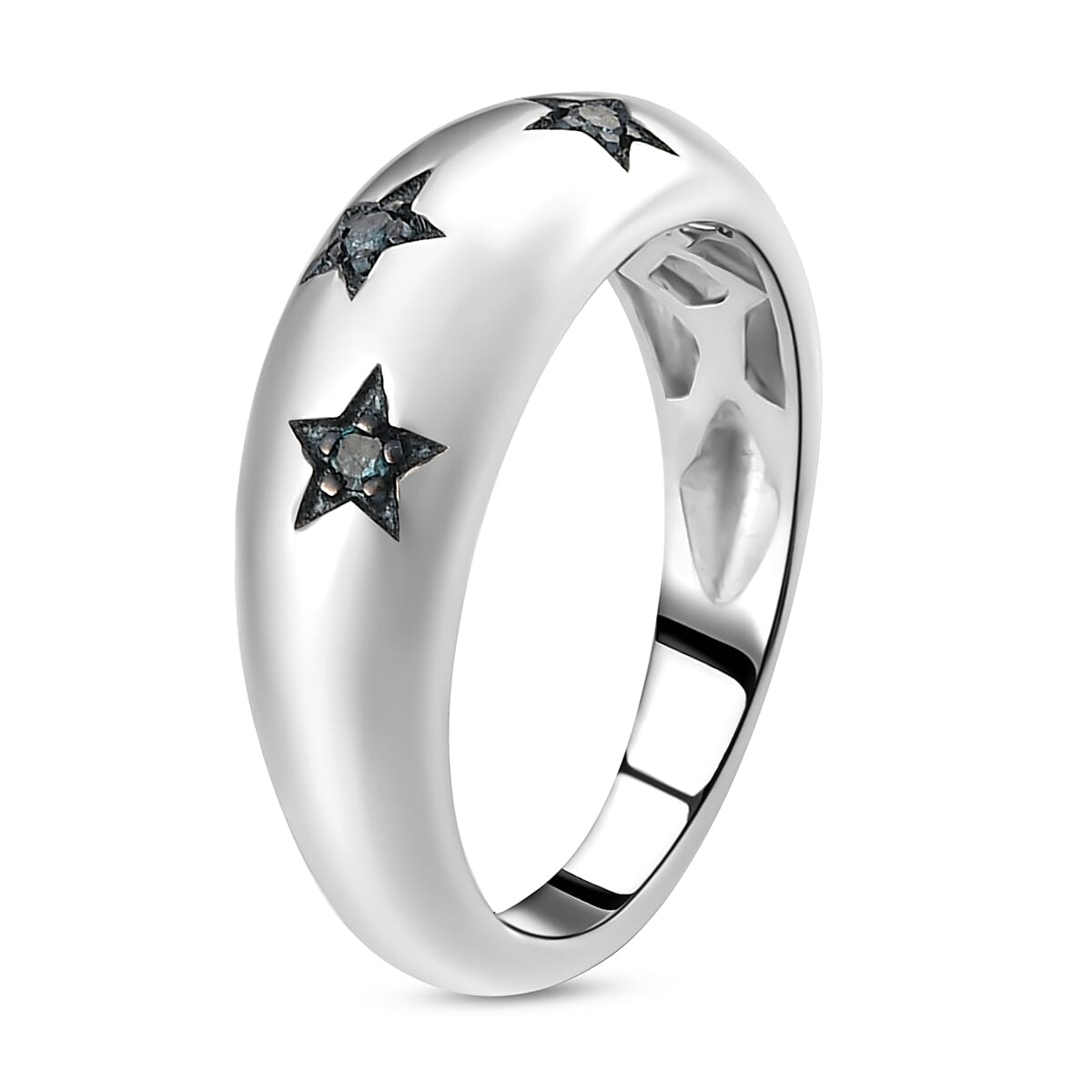 Blue Diamond Star Dome Ring in Platinum Overlay Sterling Silver