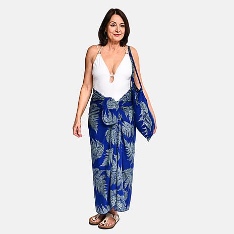 Tamsy Leaf Print Sarong with Matching Carry Bag (Size L) - Blue