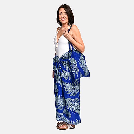 Tamsy Leaf Print Sarong with Matching Carry Bag (Size L) - Blue