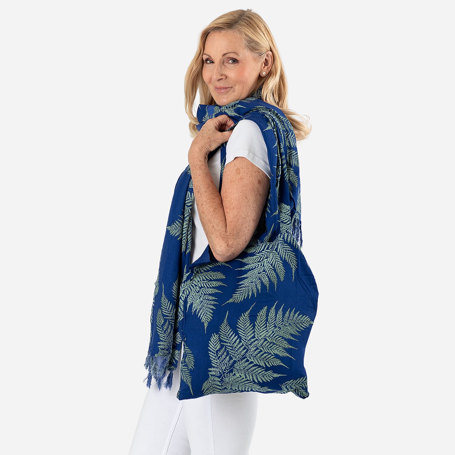 100% Viscose Leaf Pattern Scarf (Size 175x115 Cm) and Bag - Blue