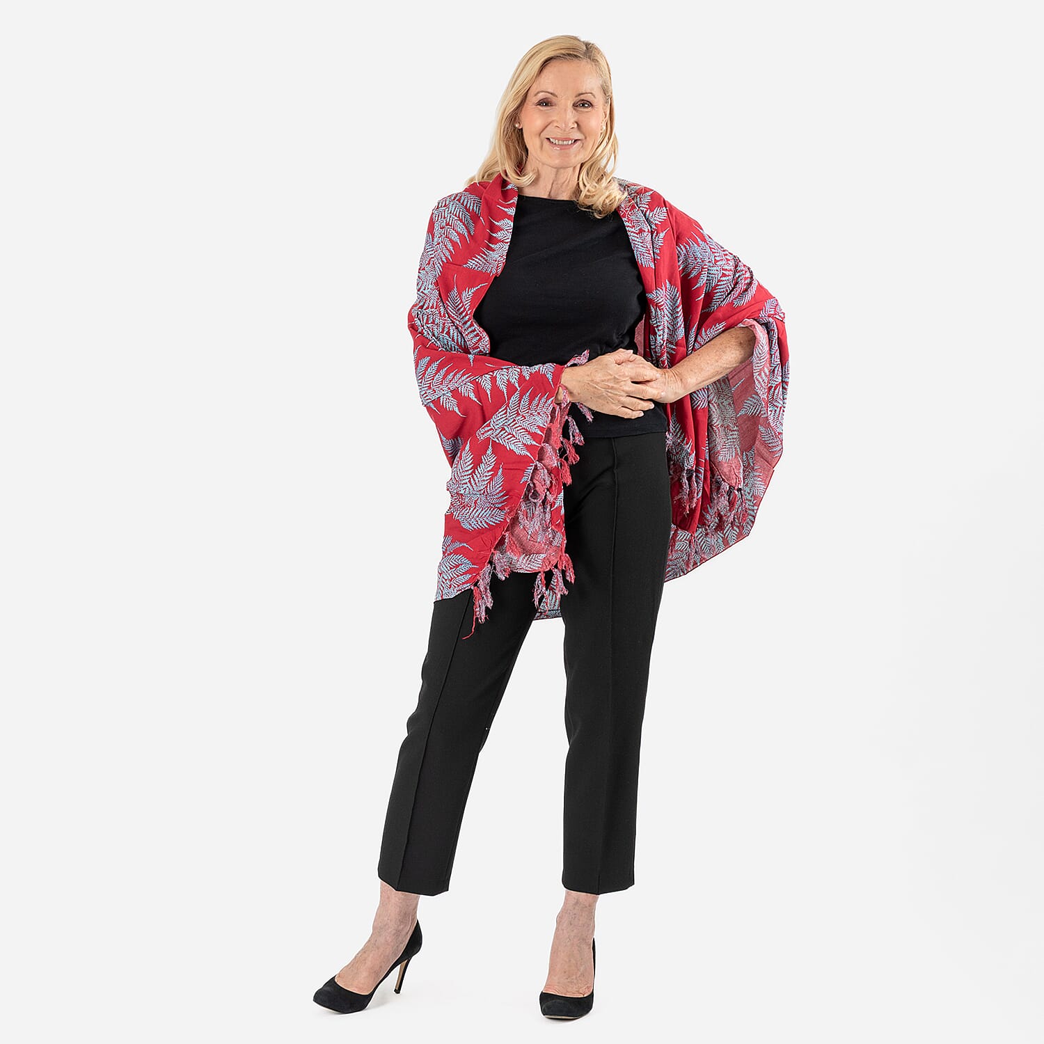 100% Viscose Leaf Pattern Sarong (Size 175x115 Cm) and Bag - Red