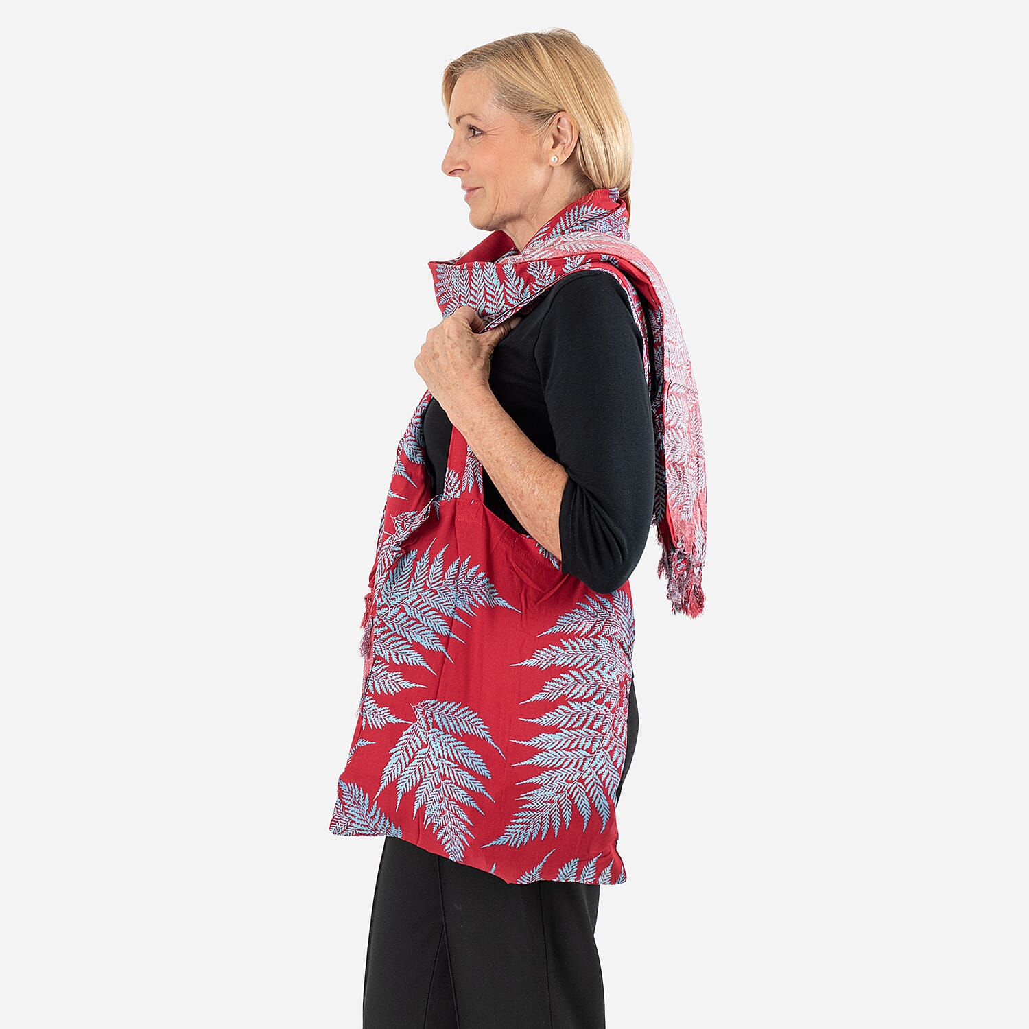 100% Viscose Leaf Pattern Sarong (Size 175x115 Cm) and Bag - Red
