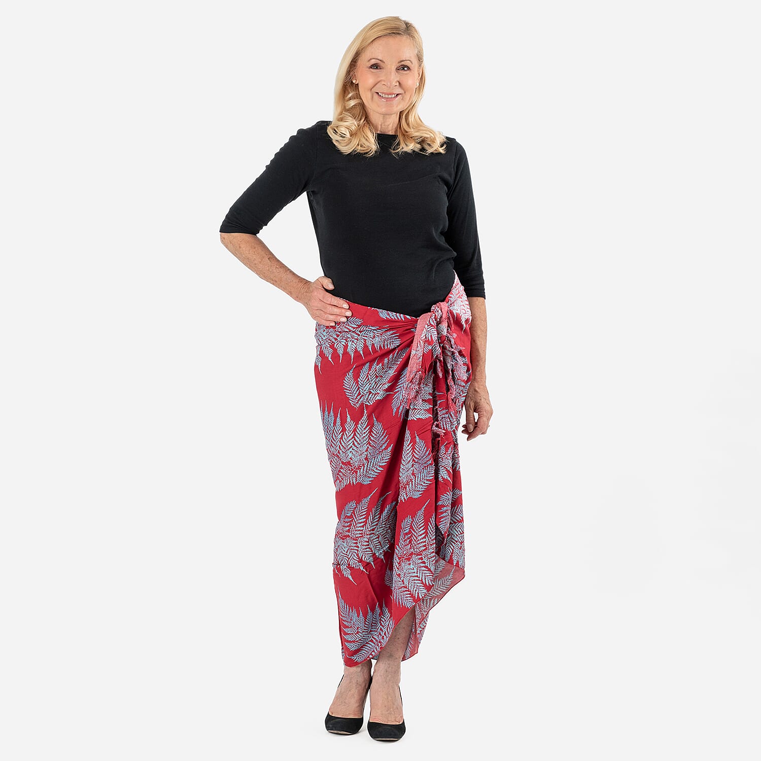 100% Viscose Leaf Pattern Sarong (Size 175x115 Cm) and Bag - Red