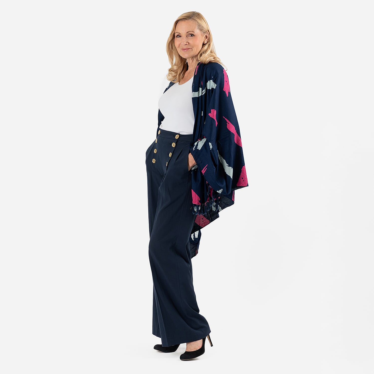 100% Viscose Abstract Pattern Scarf (Size 175x115 Cm) and Bag - Dark Blue