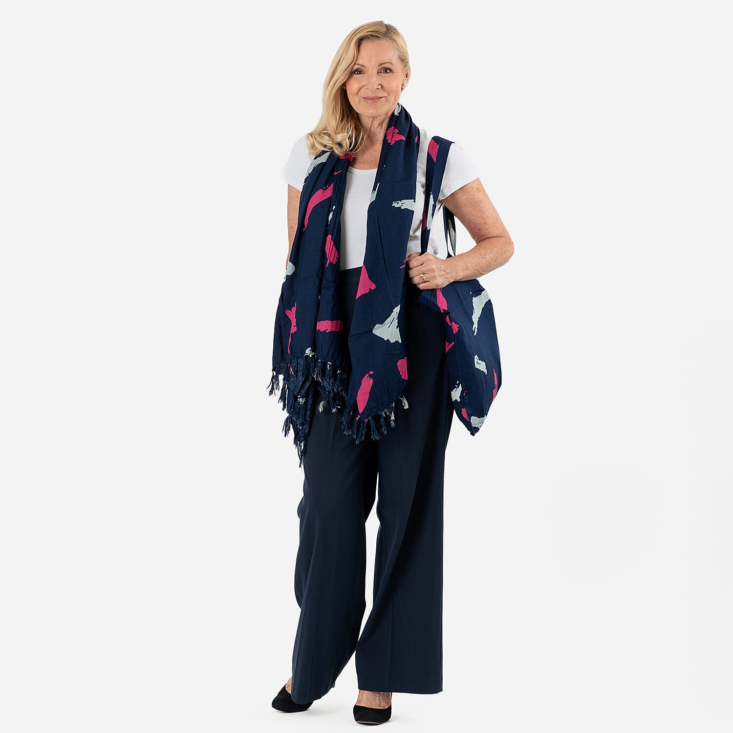 100% Viscose Abstract Pattern Scarf (Size 175x115 Cm) and Bag - Dark Blue