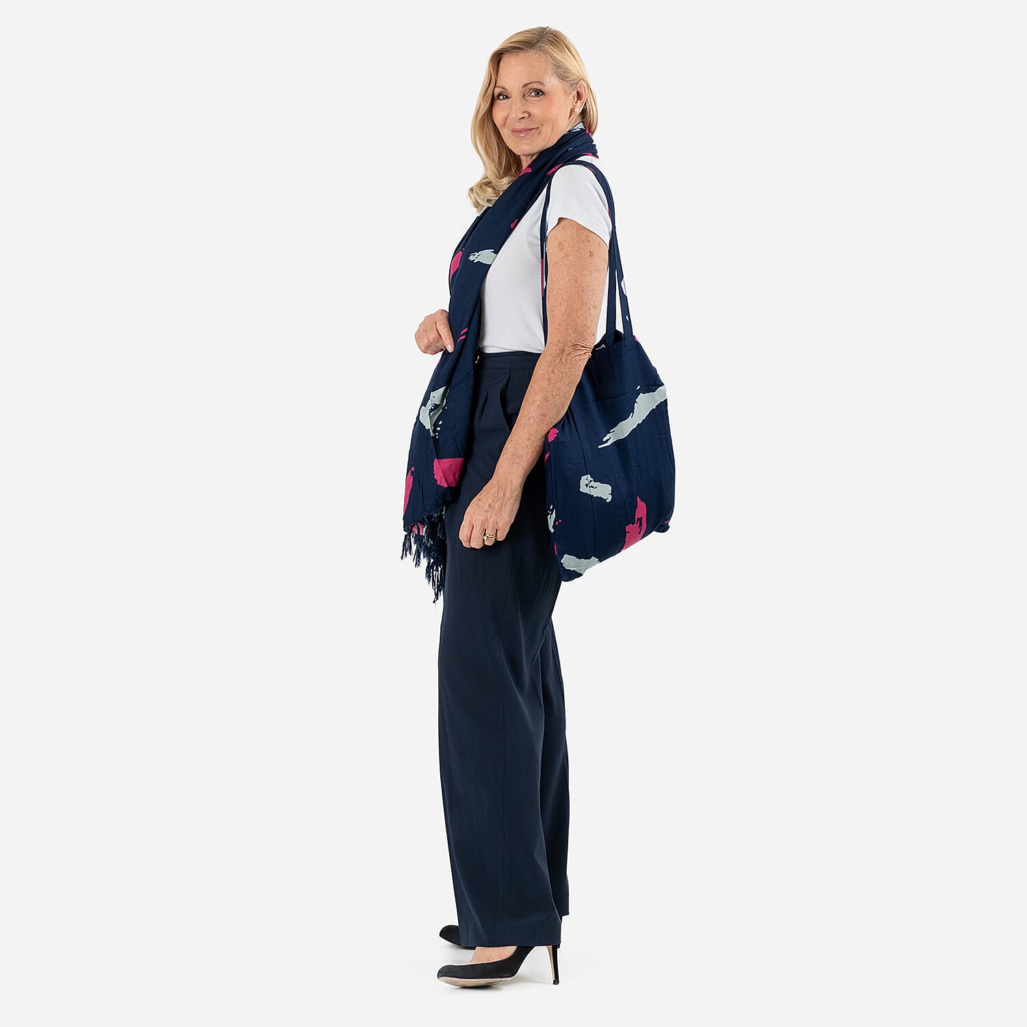 100% Viscose Abstract Pattern Scarf (Size 175x115 Cm) and Bag - Dark Blue