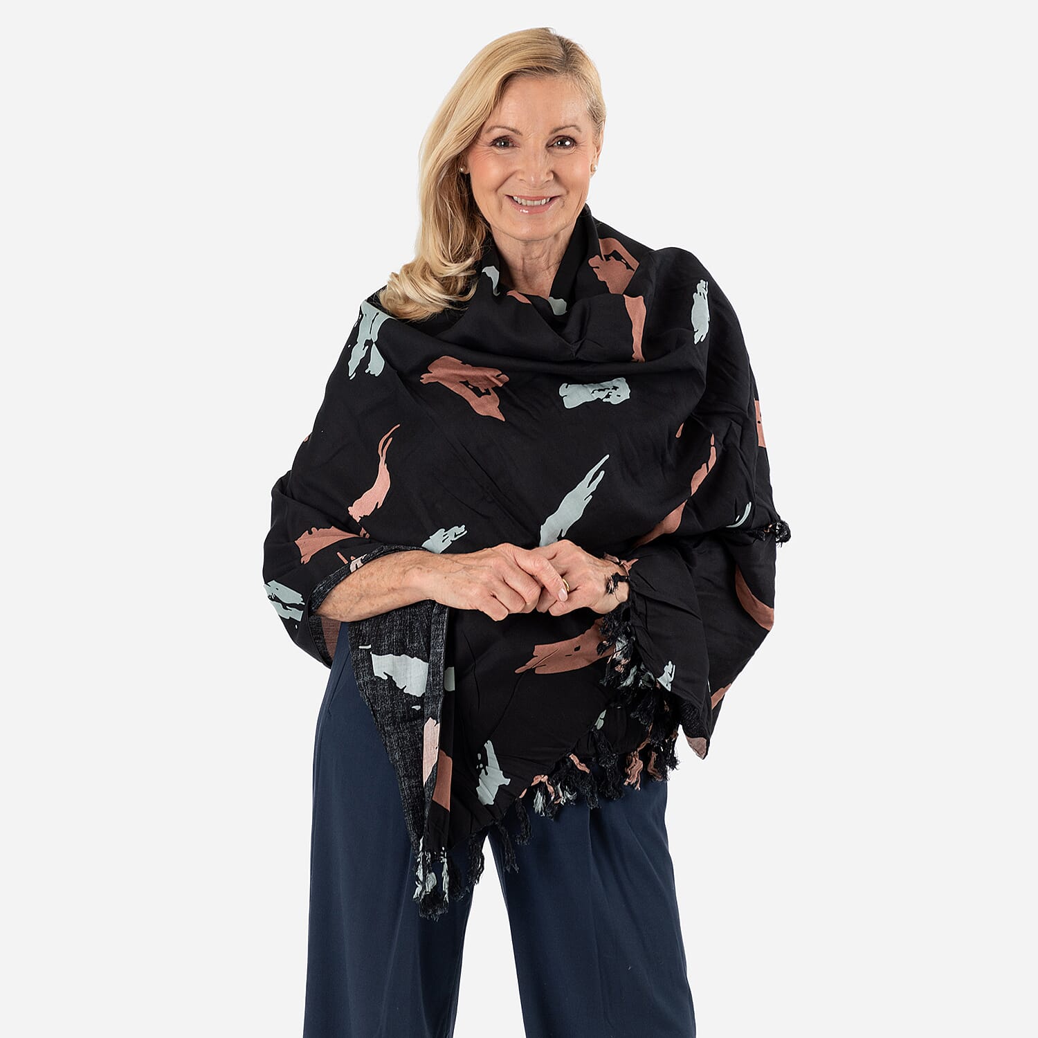 100% Viscose Abstract Pattern Scarf (Size 175x115 Cm) and Bag - Black