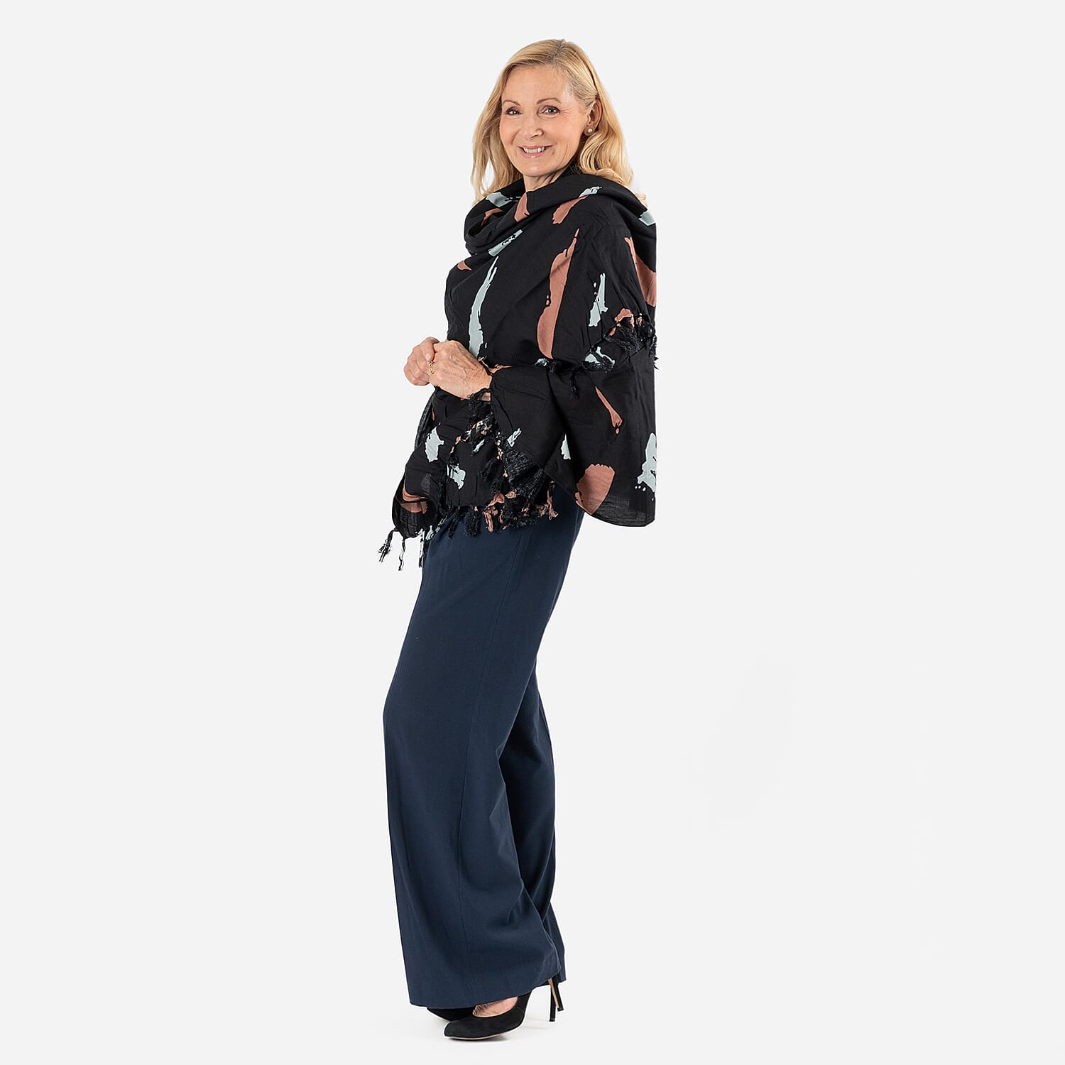 100% Viscose Abstract Pattern Scarf (Size 175x115 Cm) and Bag - Black