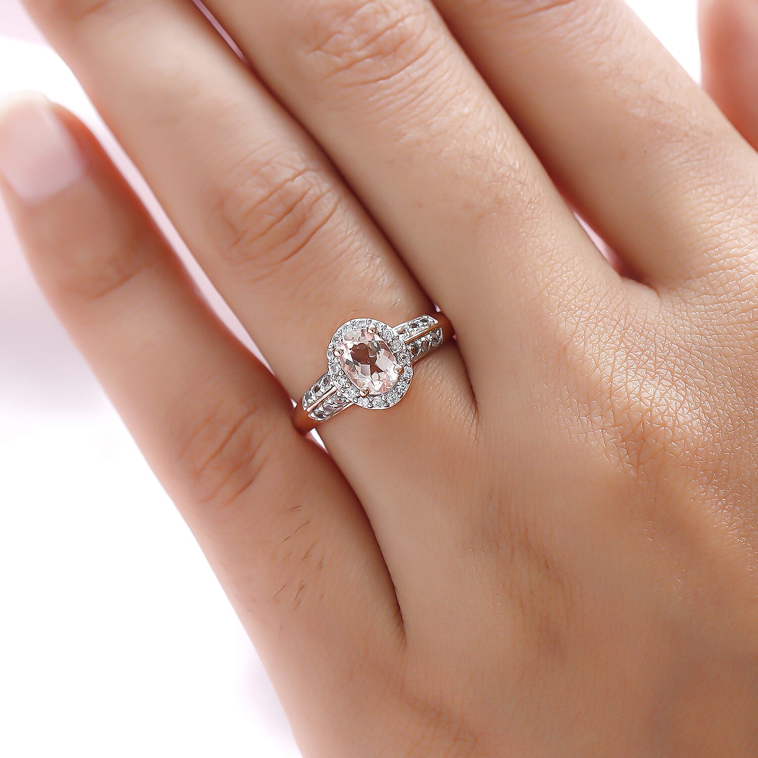 Morganite, Natural Cambodian Zircon and Coffee Zircon Ring in Vermeil Rose Gold Overlay Sterling Silver 1.19 Ct.
